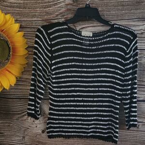 "Cache" Woman's mid Sleeve top Size: 10 black with white beads Pre-owned